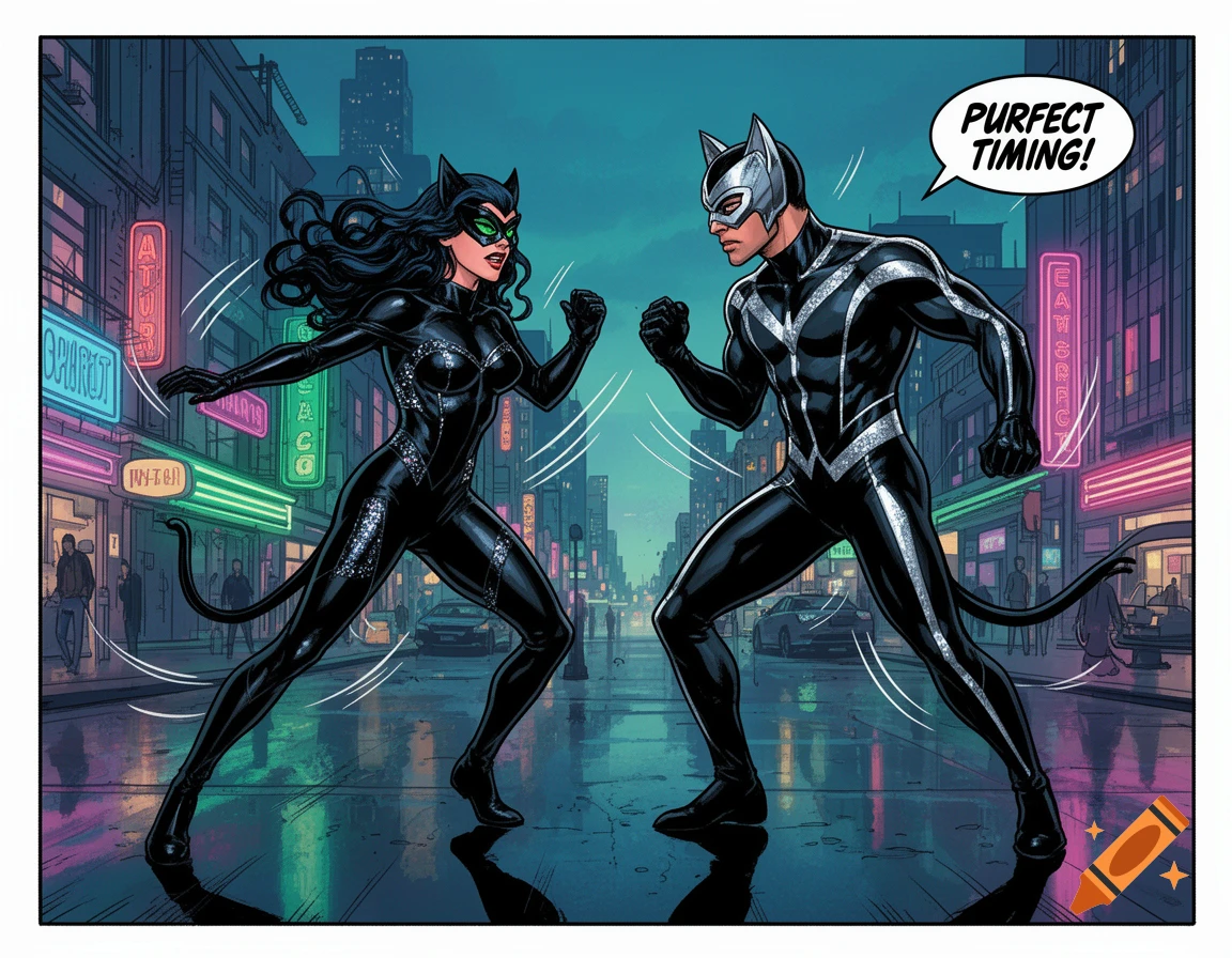 Comic art illustration of Catwoman and Catman facing each other on a rainy city street at night, illuminated by neon signs, with a speech bubble saying "PURFECT TIMING!"