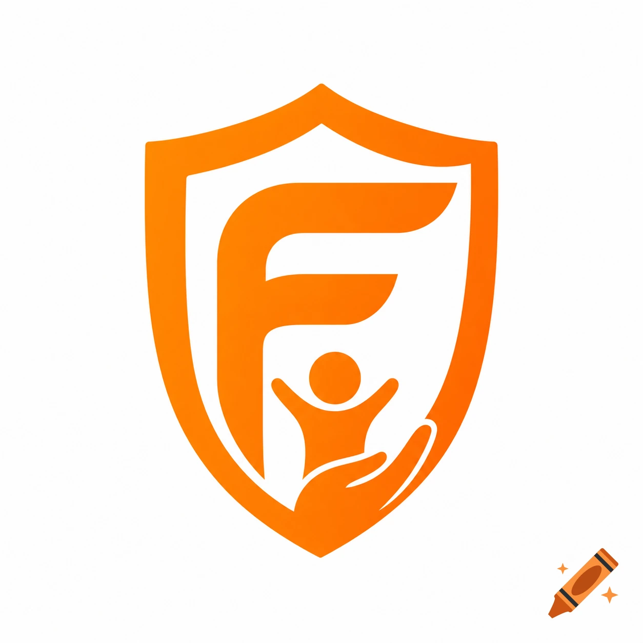 Orange shield logo featuring a stylized letter F, a small abstract person with raised arms, and a hand, on a white background.