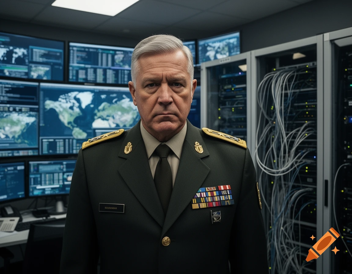 A serious military general with gray hair stands in a high-tech control room with multiple screens and server racks.