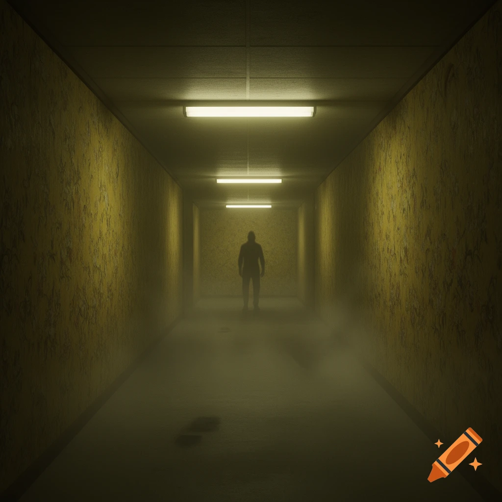 A silhouetted figure stands in a long, foggy, yellow-walled hallway with fluorescent lights on the ceiling, evoking a liminal space.