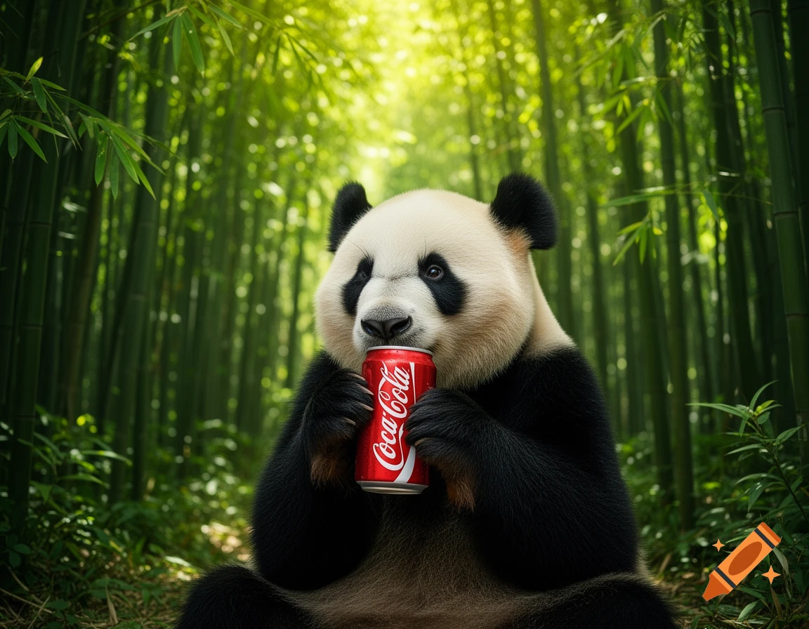 A photorealistic panda sits in a bamboo forest, holding and drinking from a red Coca-Cola can.