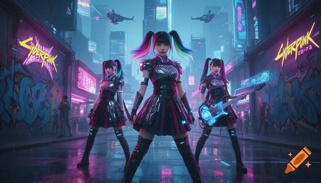 Three women resembling band members pose in a neon-lit cyberpunk city street, one holding a glowing electric guitar.