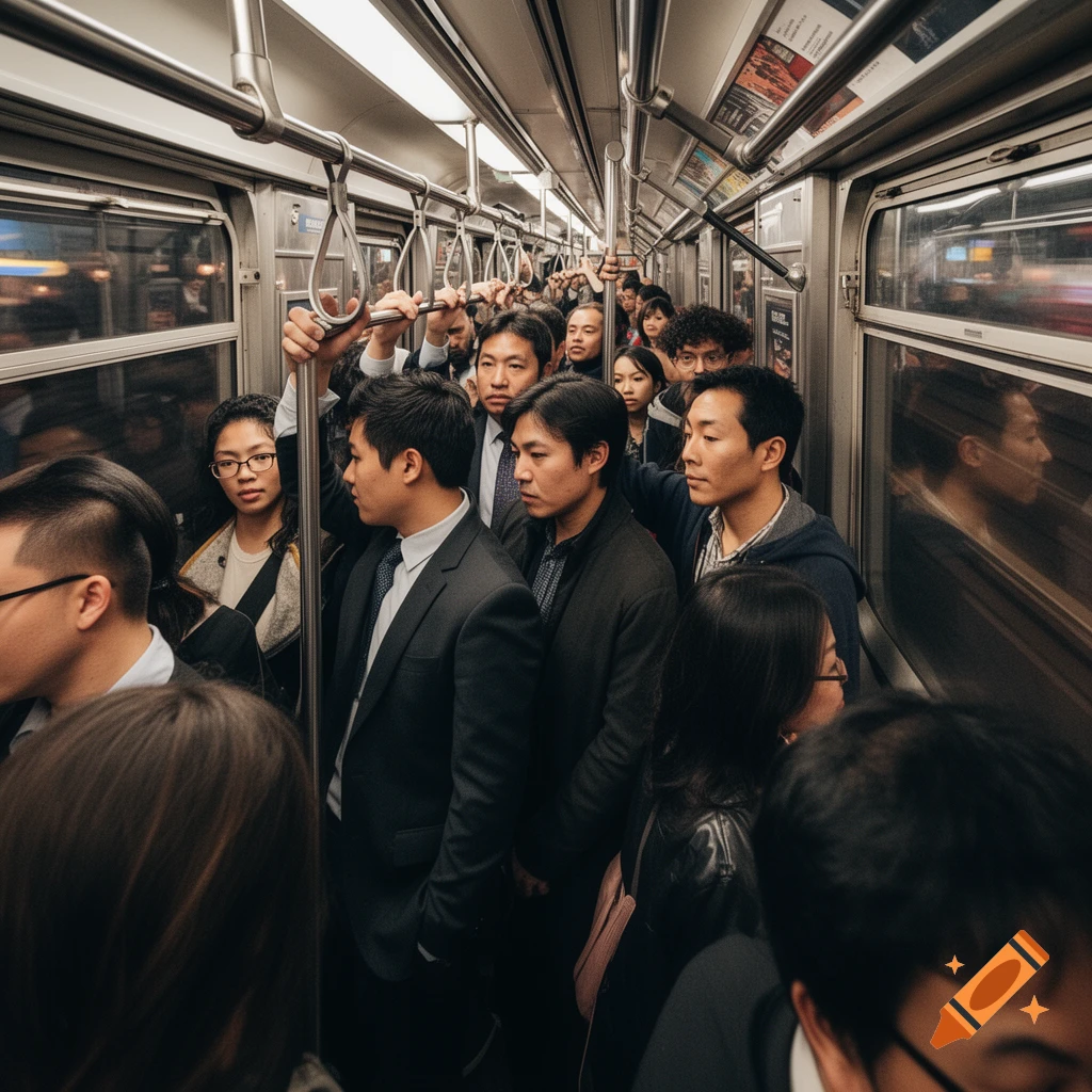 Photorealistic image of a crowded subway car filled with diverse passengers standing closely together, holding onto straps and poles.