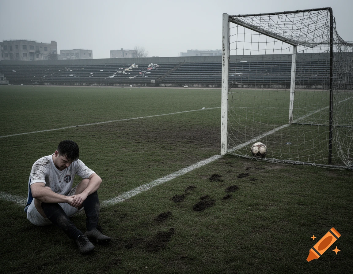 A sad soccer player sits on a muddy field near a goal with a ball in the net, under a gloomy sky. Photorealistic.