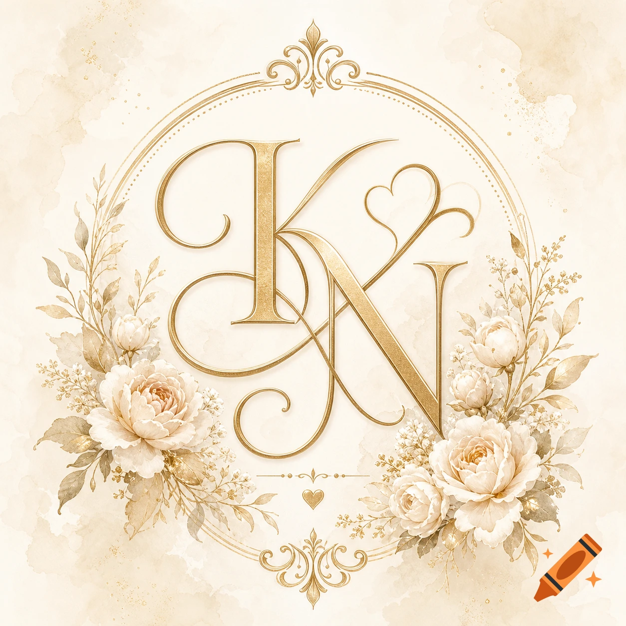 A golden intertwined K and N monogram with elegant floral arrangements and a watercolor background in a decorative frame.