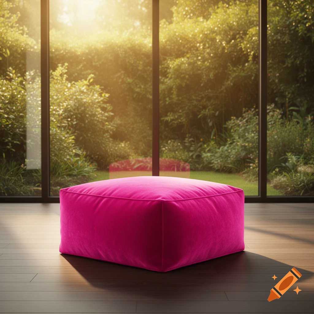 A bright pink square ottoman sits on a dark wooden floor in a room with large windows overlooking a sunlit green garden.