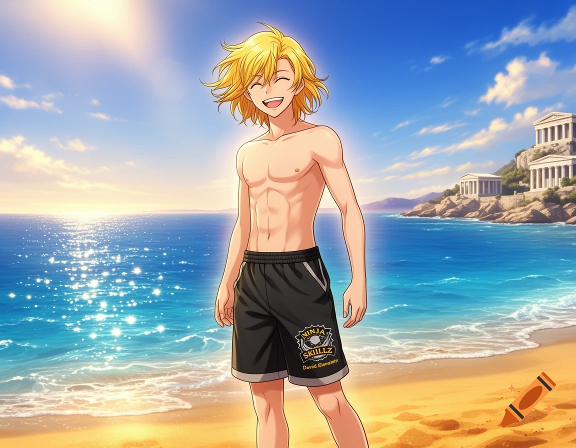 A smiling blonde anime boy in black swim shorts stands on a sunny beach with the ocean and classical buildings in the background.