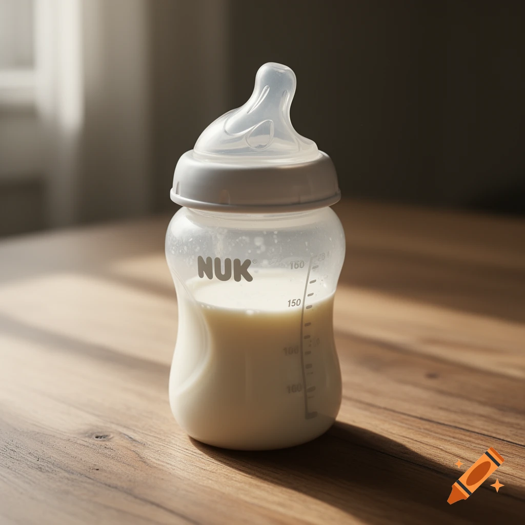 A photorealistic image of a NUK baby bottle, half-filled with milk, resting on a wooden table.