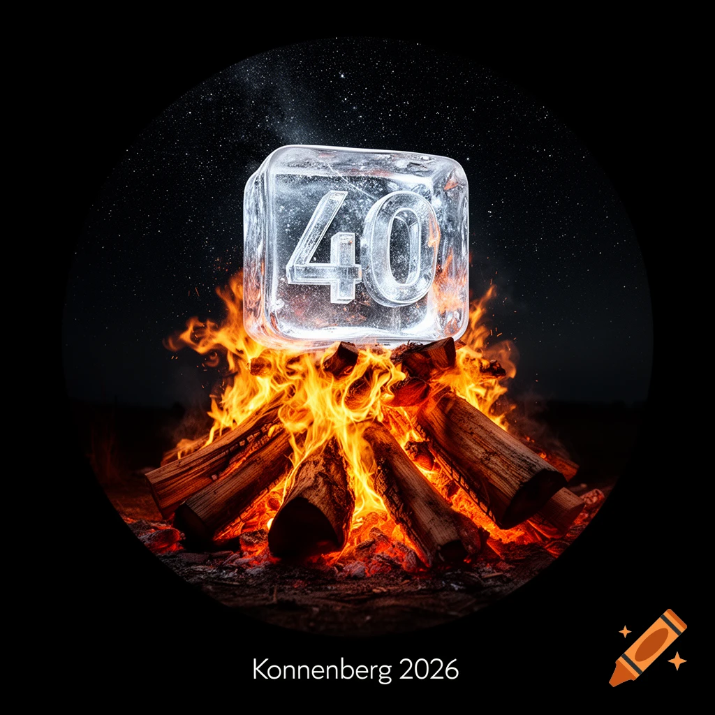 Photorealistic image of a large ice cube with '40' inside, atop a burning campfire under a starry night. 'Konnenberg 2026' text below.