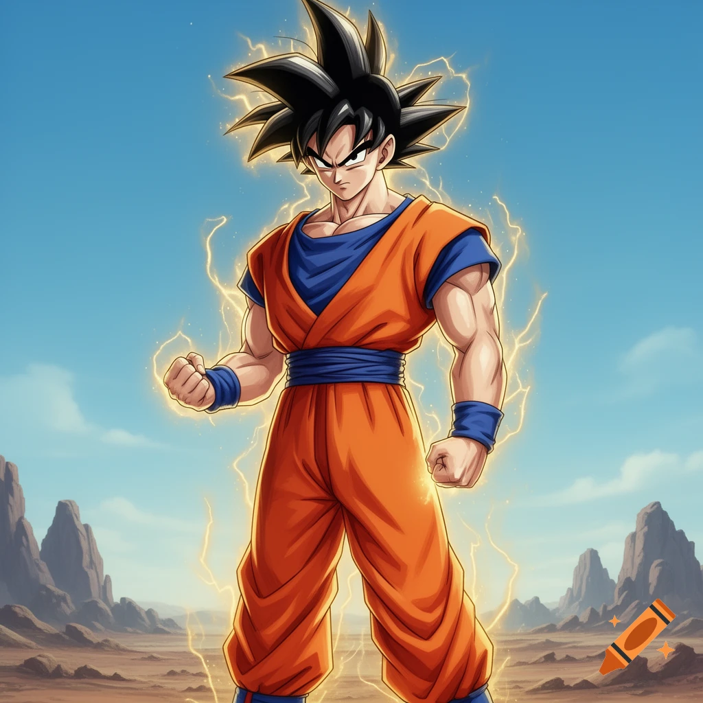 Goku stands in a desert landscape under a blue sky, glowing with golden energy.