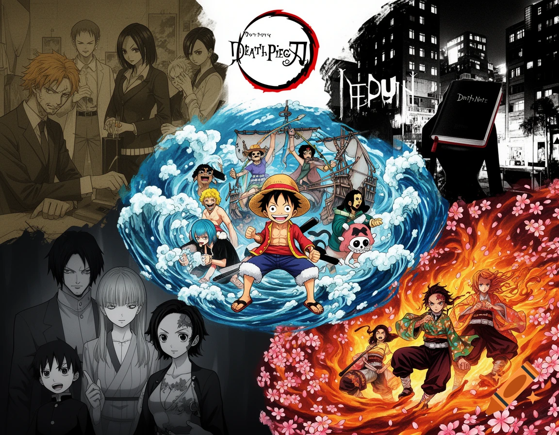 A collage of anime characters from One Piece, Death Note, and Demon Slayer. Luffy stands in a circle of water, while other characters appear in different themed sections, including cityscapes and fiery landscapes with cherry blossoms.