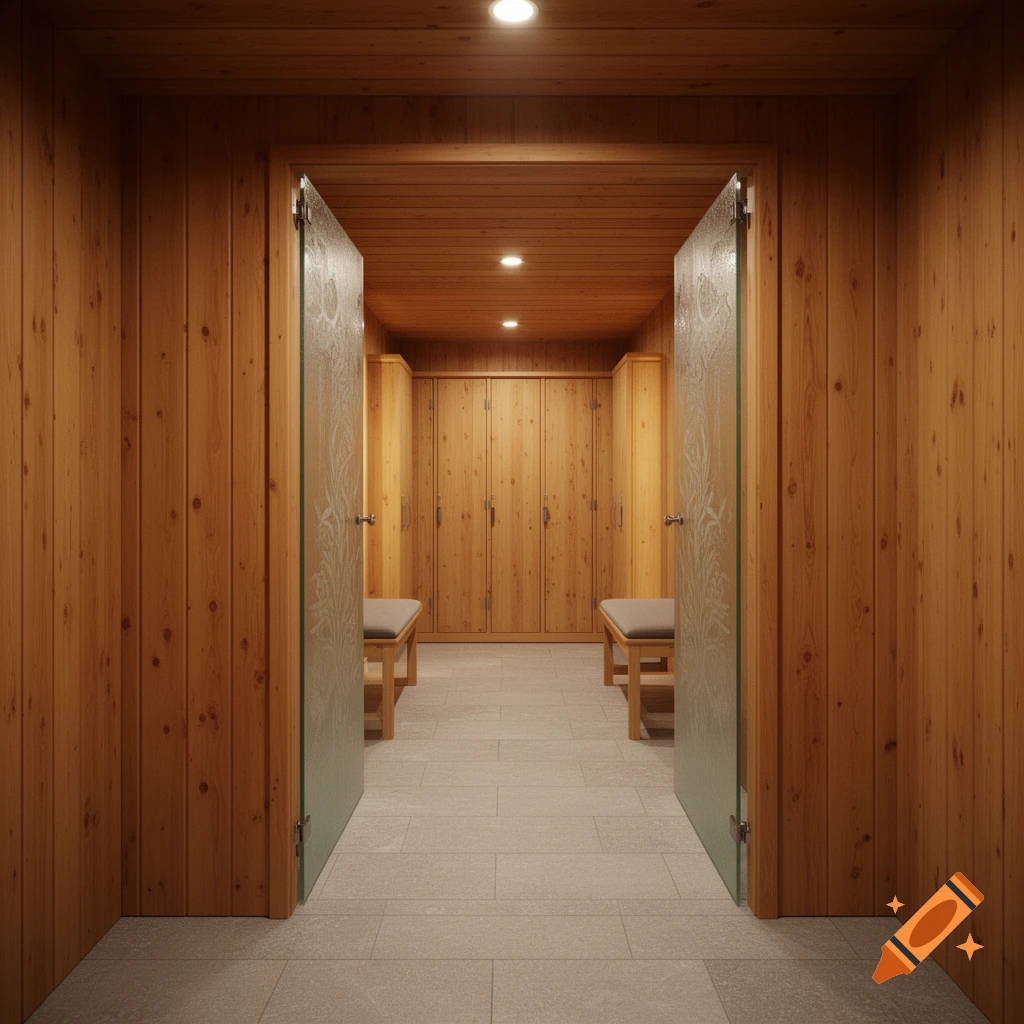 A modern locker room with cedar wood paneling, frosted glass doors, and two wooden benches on a light tile floor.