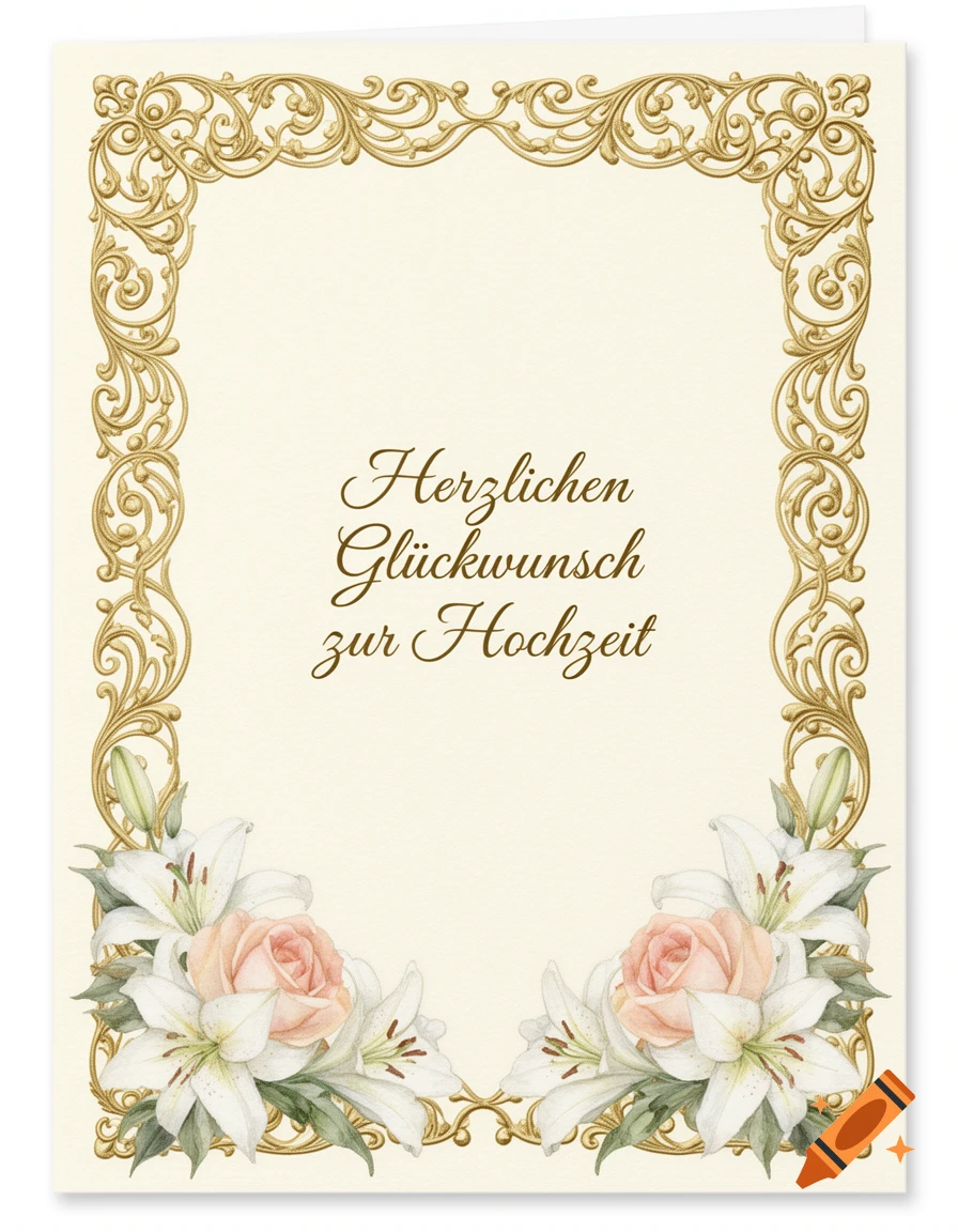 Elegant wedding greeting card with a gold ornate frame, "Herzlichen Glückwunsch zur Hochzeit" text, and floral bouquets.