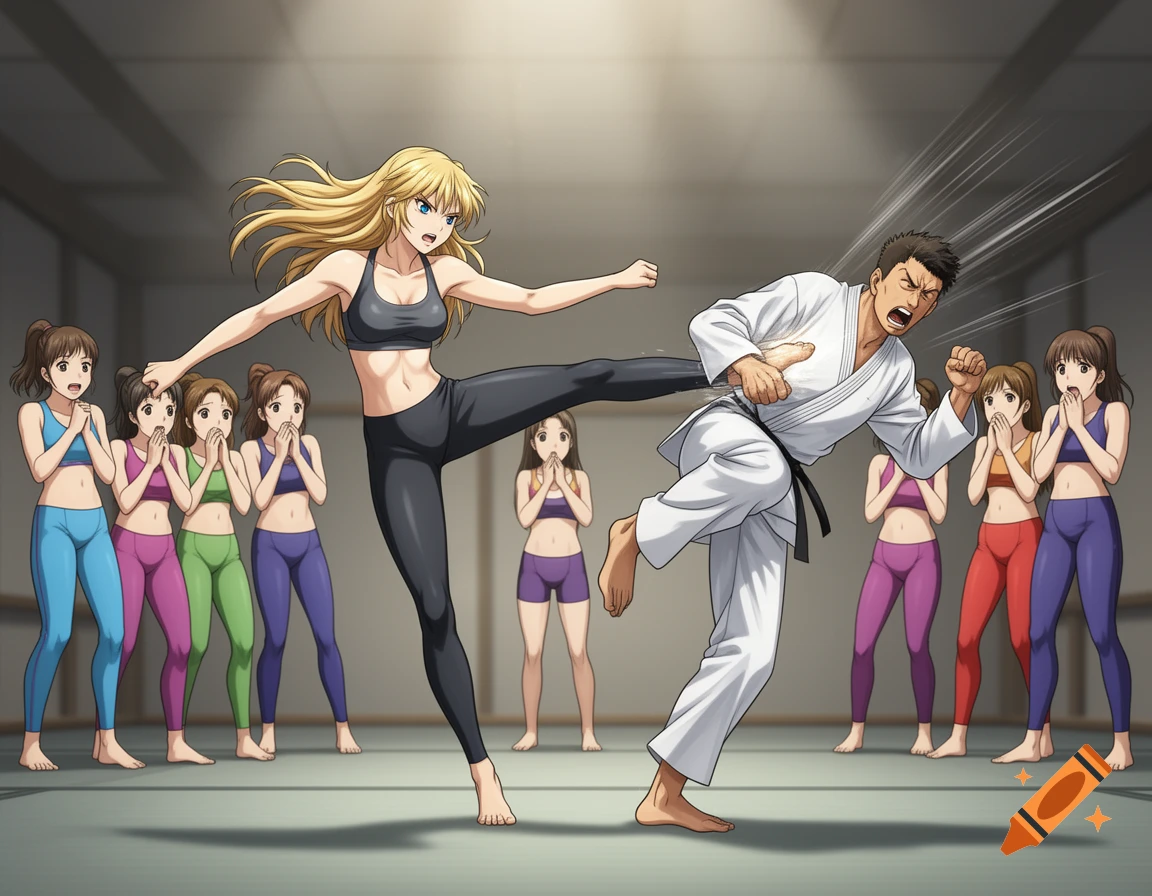 In anime style, a blonde woman in a sports bra and leggings kicks a man in a karate gi, while other women watch.