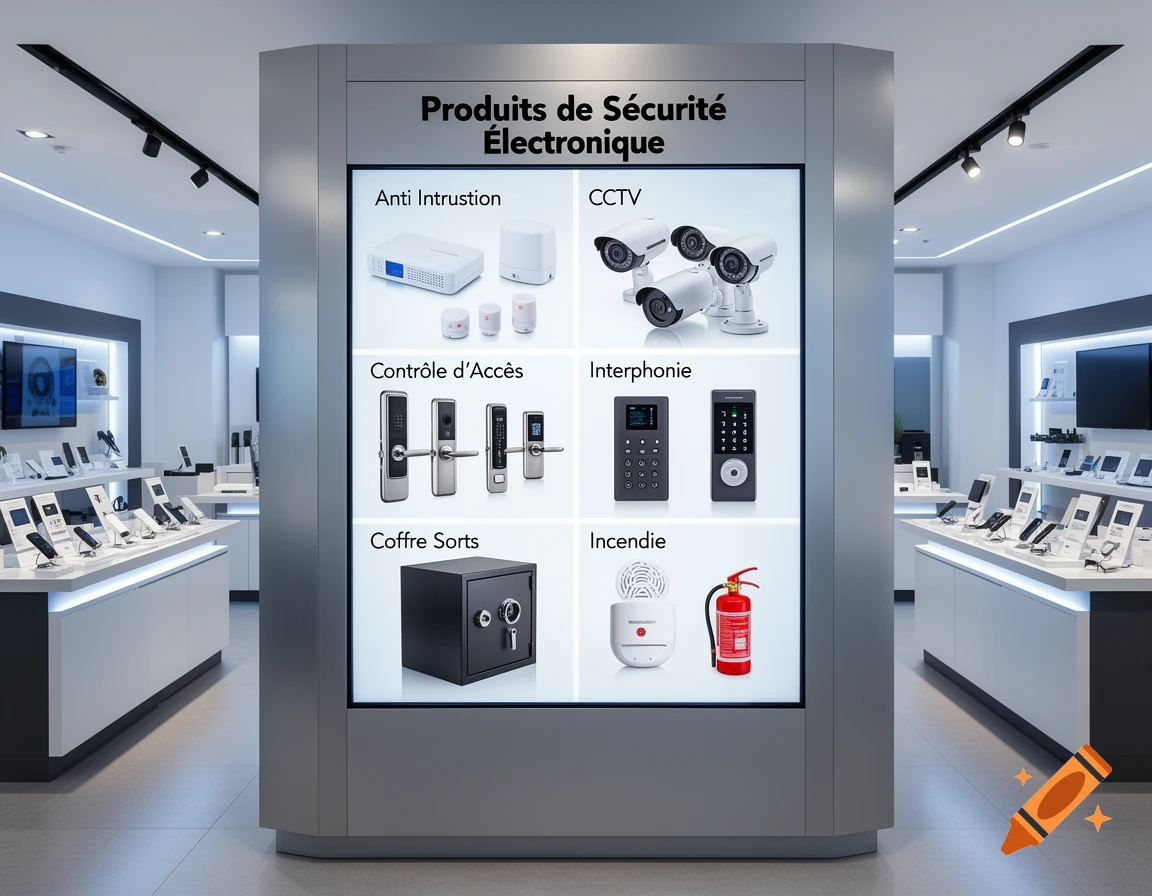 A bright electronics store display with security products: alarm systems, CCTV, access control, intercoms, safes, and fire extinguishers.