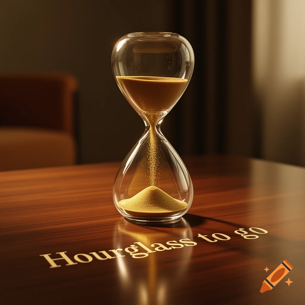 A photorealistic hourglass with golden sand falling sits on a polished wooden table with "Hourglass to go" inscribed.