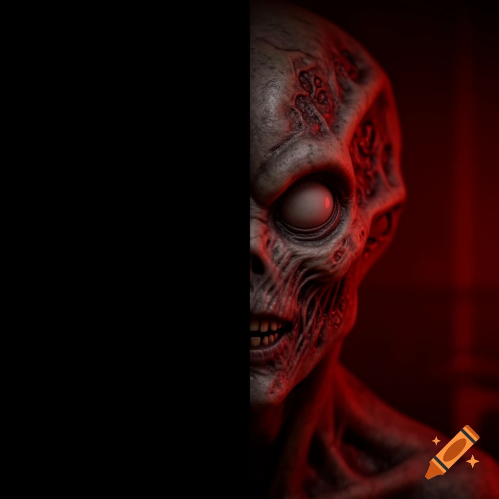 Half of a grotesque, zombie-like alien face with pale eyes and decaying skin, illuminated by red light against black.