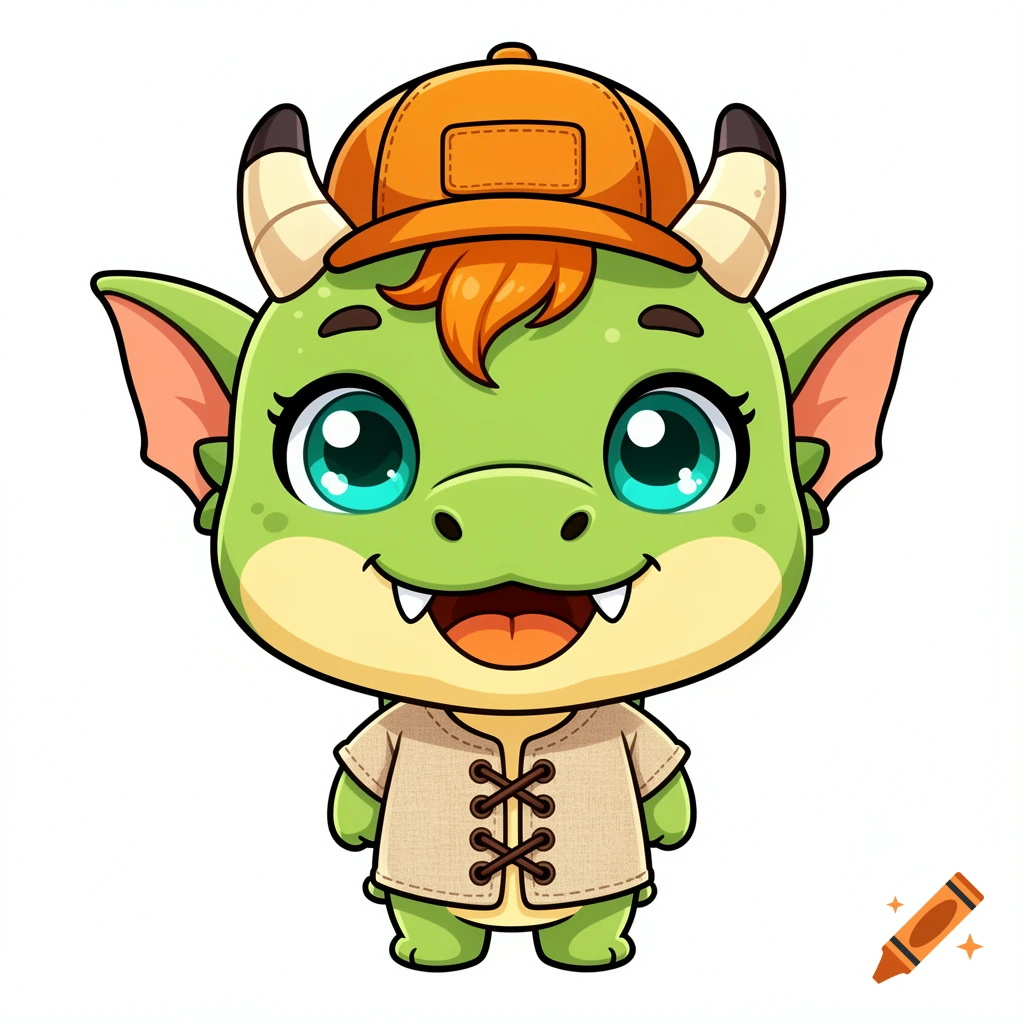 A cute, chibi-style green baby dragon with big blue eyes, wearing an orange cap and a beige tunic, smiling brightly.