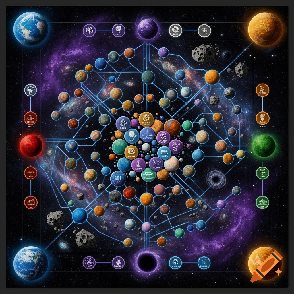 A colorful top-down sci-fi board game map featuring numerous planets connected by glowing blue lines against a cosmic background with nebulae and asteroids.