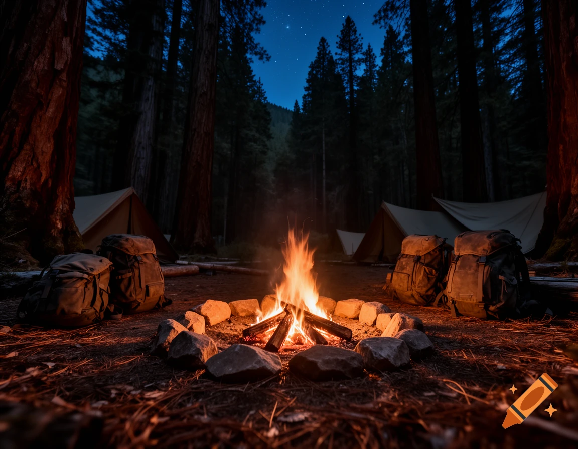 Photorealistic image of a campfire in a ring of stones, surrounded by backpacks and tents in a dark forest under a starry night.