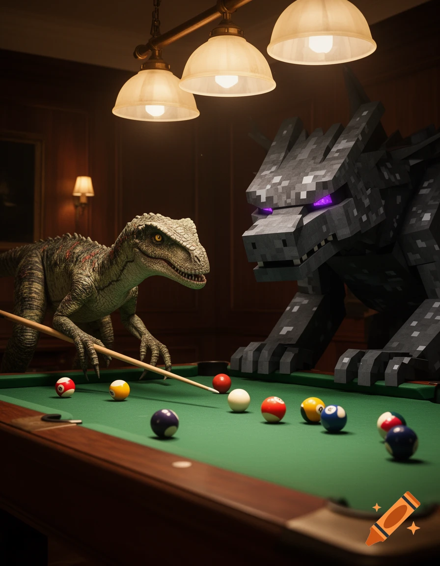 A photorealistic velociraptor plays pool with a blocky Minecraft Ender Dragon in a dimly lit billiard room.