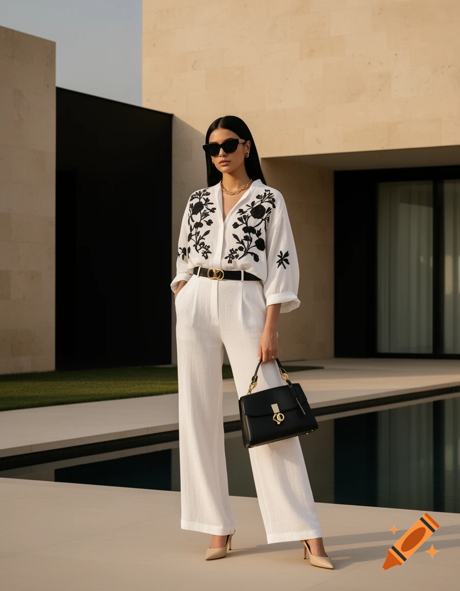 A woman in a white embroidered blouse and wide-leg trousers stands outside a modern luxury villa.