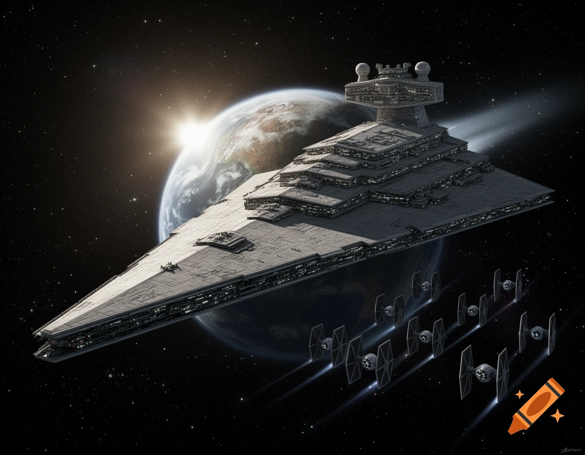 A Star Destroyer and several TIE fighters fly through space near a planet with a bright sun behind it.