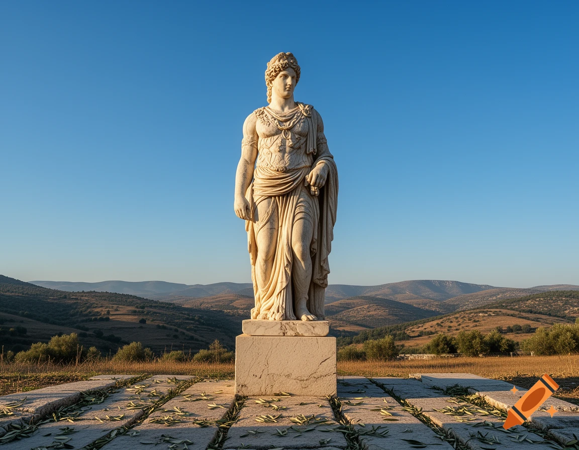 A detailed marble statue of a classical draped figure on a pedestal, with rolling hills and a clear blue sky in the background.