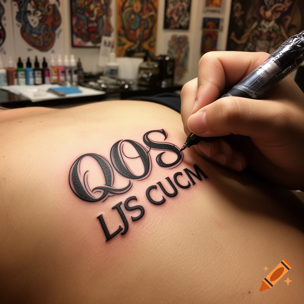 Close-up of a tattoo artist applying a 'QOS LJS CUCM' tattoo to a person's torso.