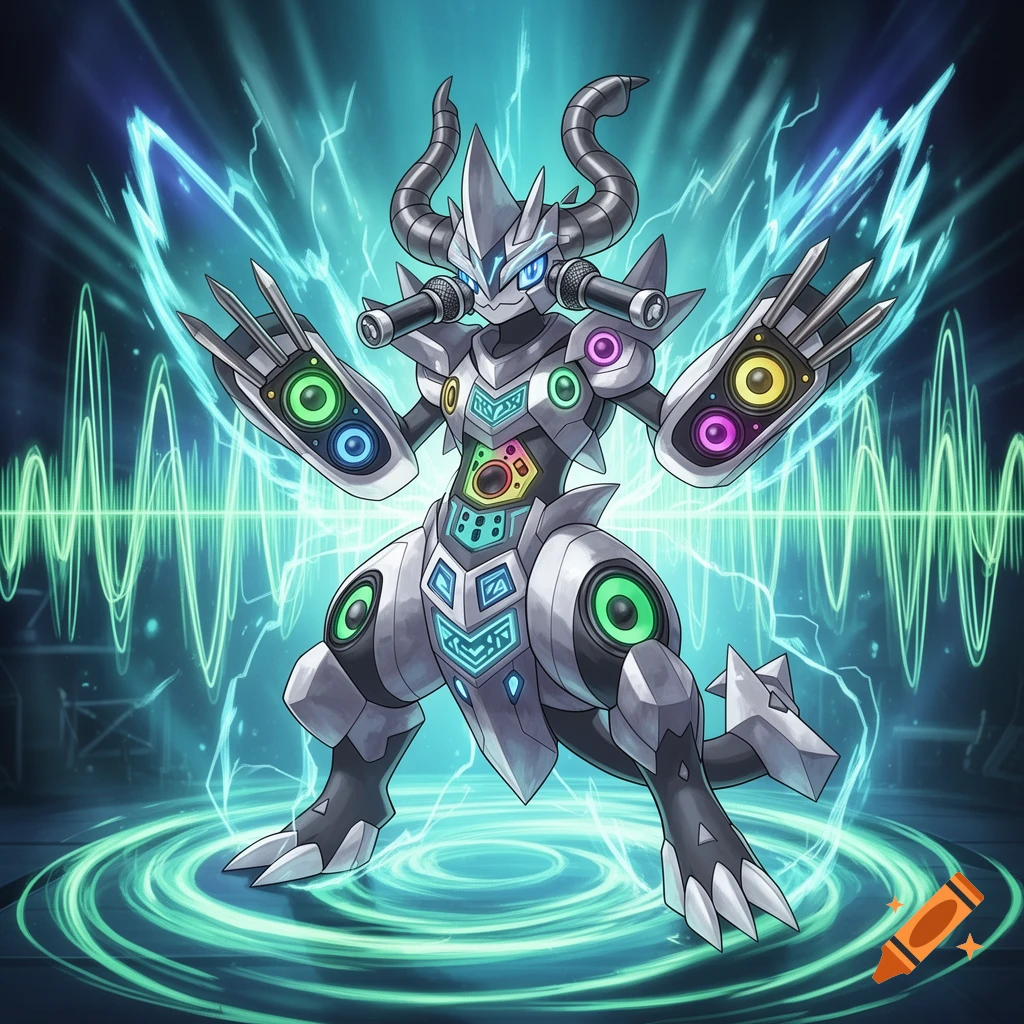 A silver and gray armored beatbox creature with horns, speakers, and microphones, surrounded by blue sound waves in an anime style.
