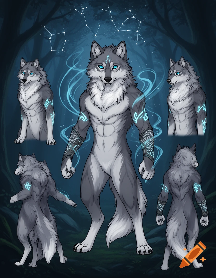 A reference sheet for a grey wolf fursona with blue eyes and glowing blue runes, set against a dark forest background with constellations.