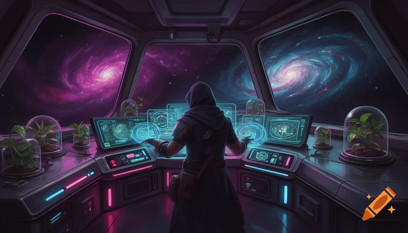 A hooded figure in a futuristic spaceship cockpit observes vibrant pink and blue galaxies, surrounded by holographic displays and potted plants.