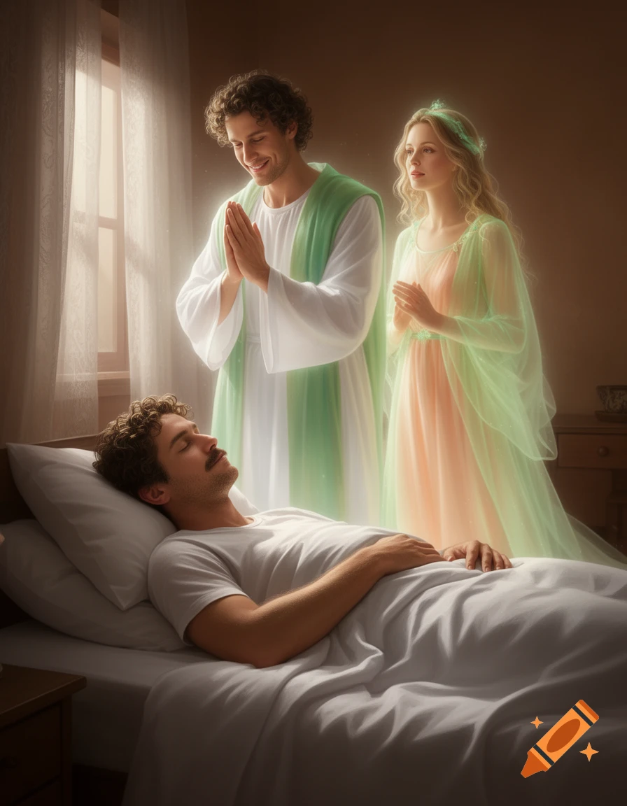 A man sleeps peacefully in bed while two glowing, semi-transparent spirits, a male and female, stand beside him in a photorealistic style.