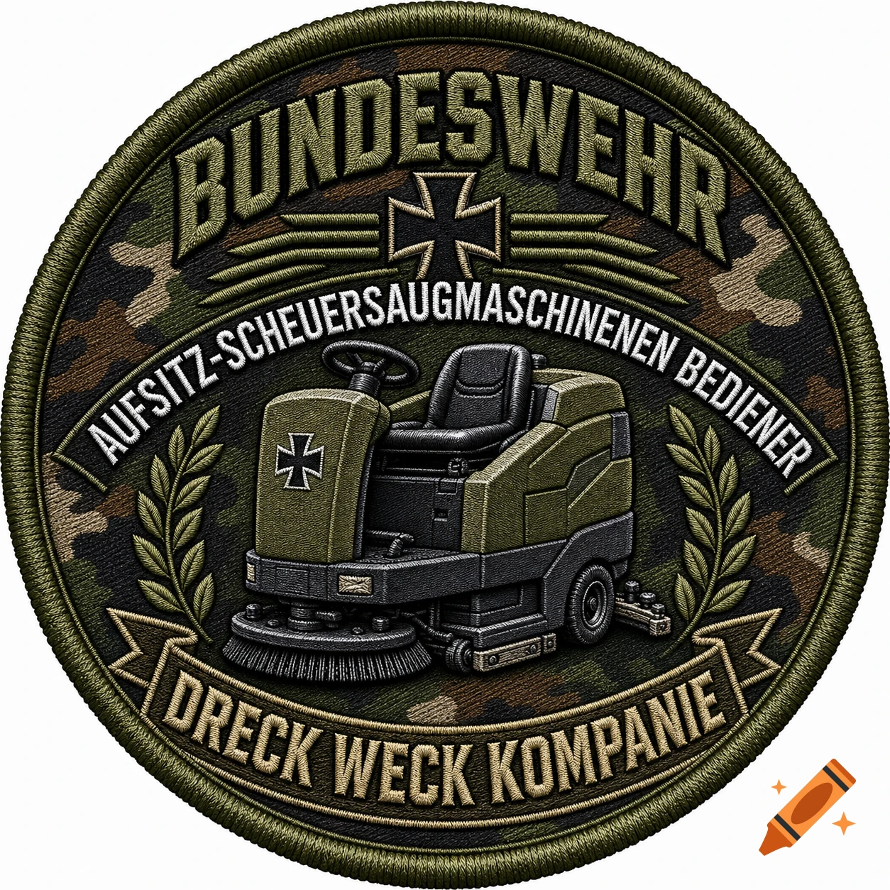 An embroidered German Bundeswehr patch with a camouflage background, an industrial floor scrubber, and German text.