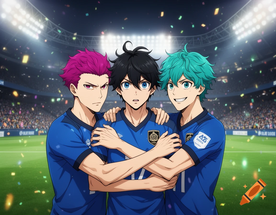 Three anime male soccer players with vibrant hair, in blue jerseys, hugging on a stadium field with confetti falling.