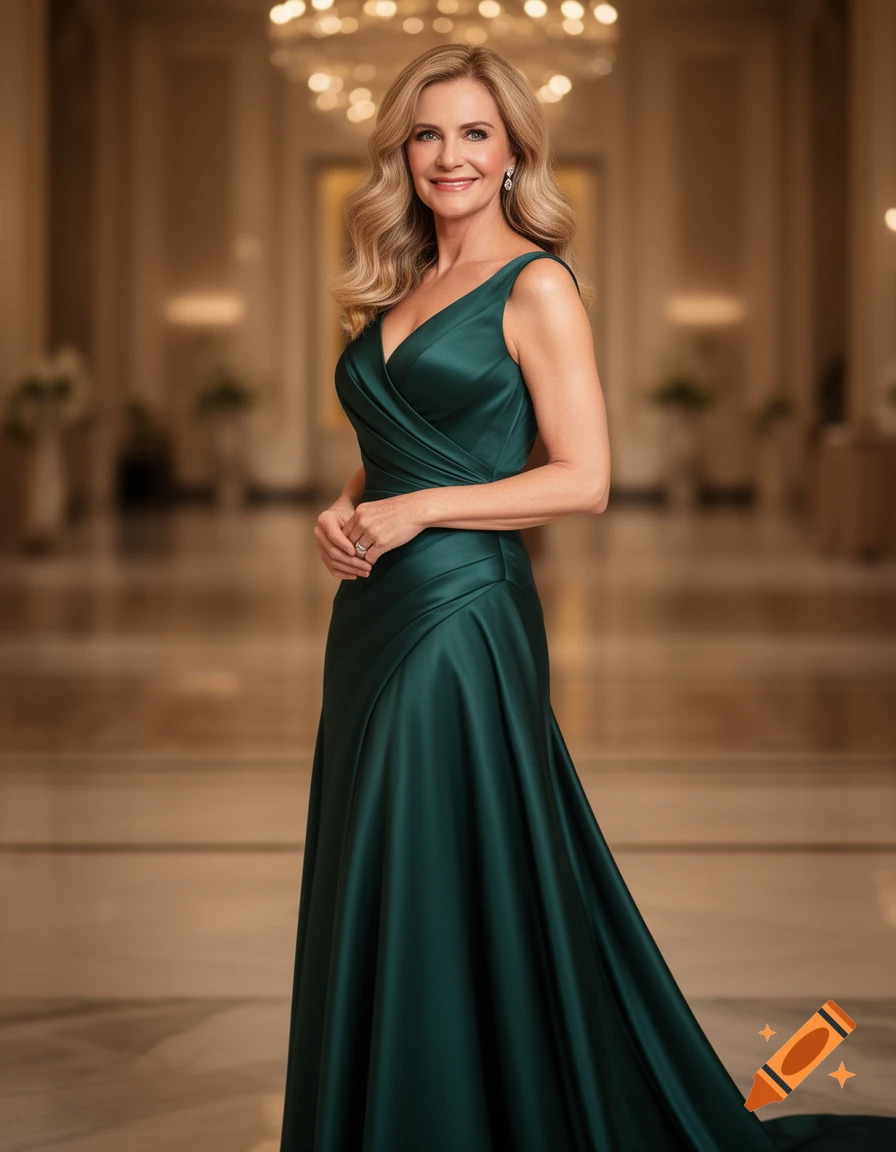 A glamorous woman with blonde wavy hair in a dark green evening gown stands smiling in a grand, softly lit ballroom.