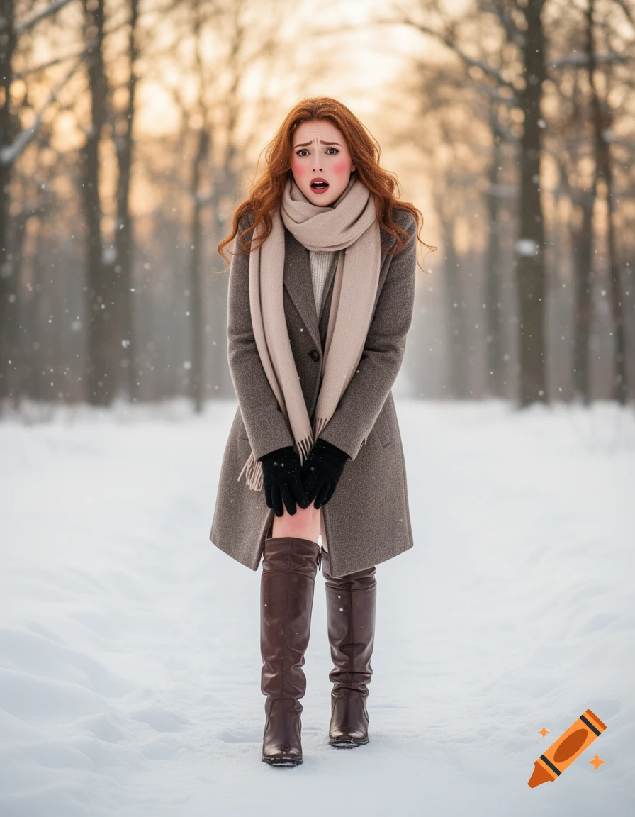 A distressed woman with red hair, wearing a gray coat, beige scarf, black gloves, and tall brown boots, stands in a snowy forest during winter.