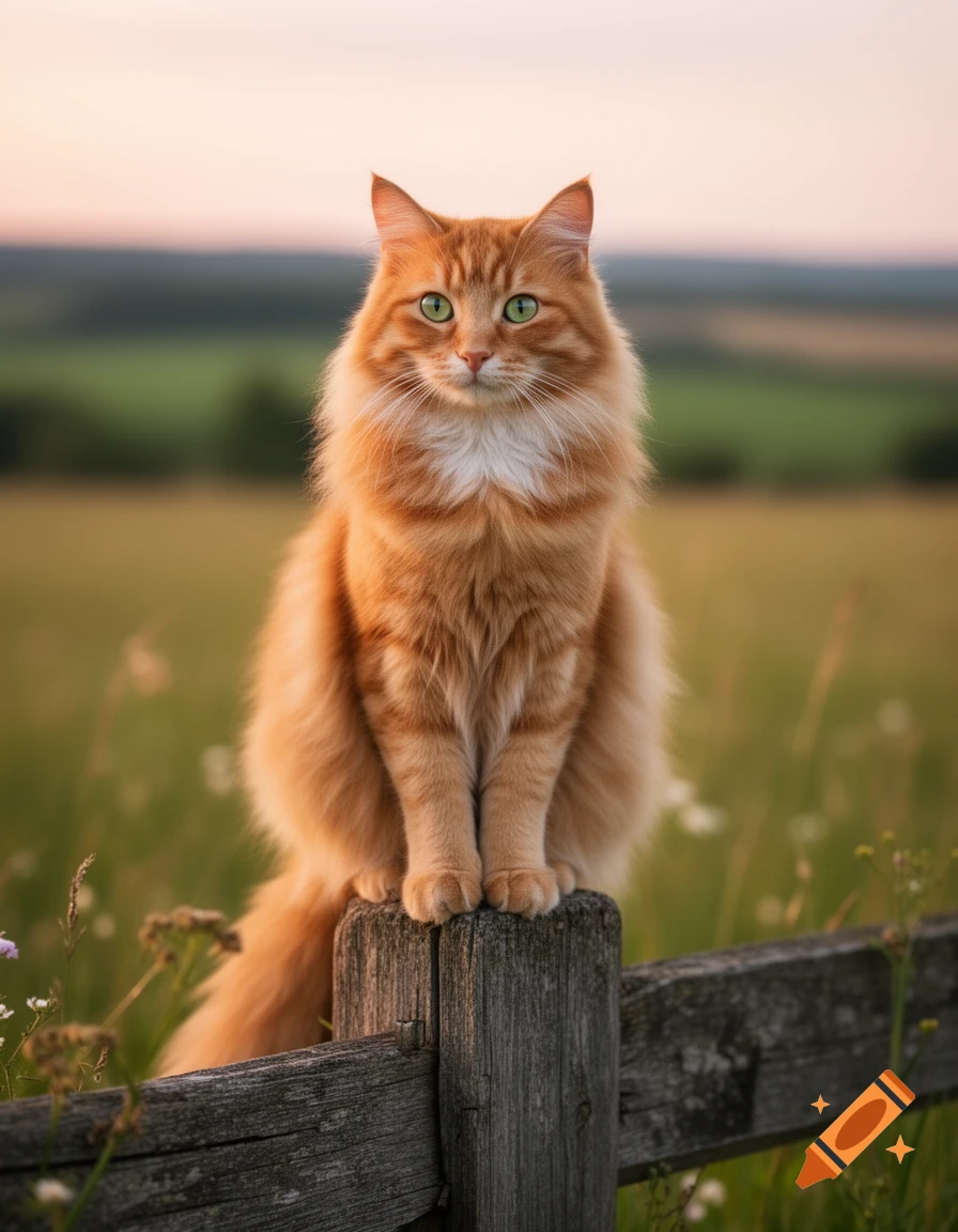 A fluffy ginger cat with bright green eyes sits on a wooden fence post in a grassy field at dusk, looking directly forward.