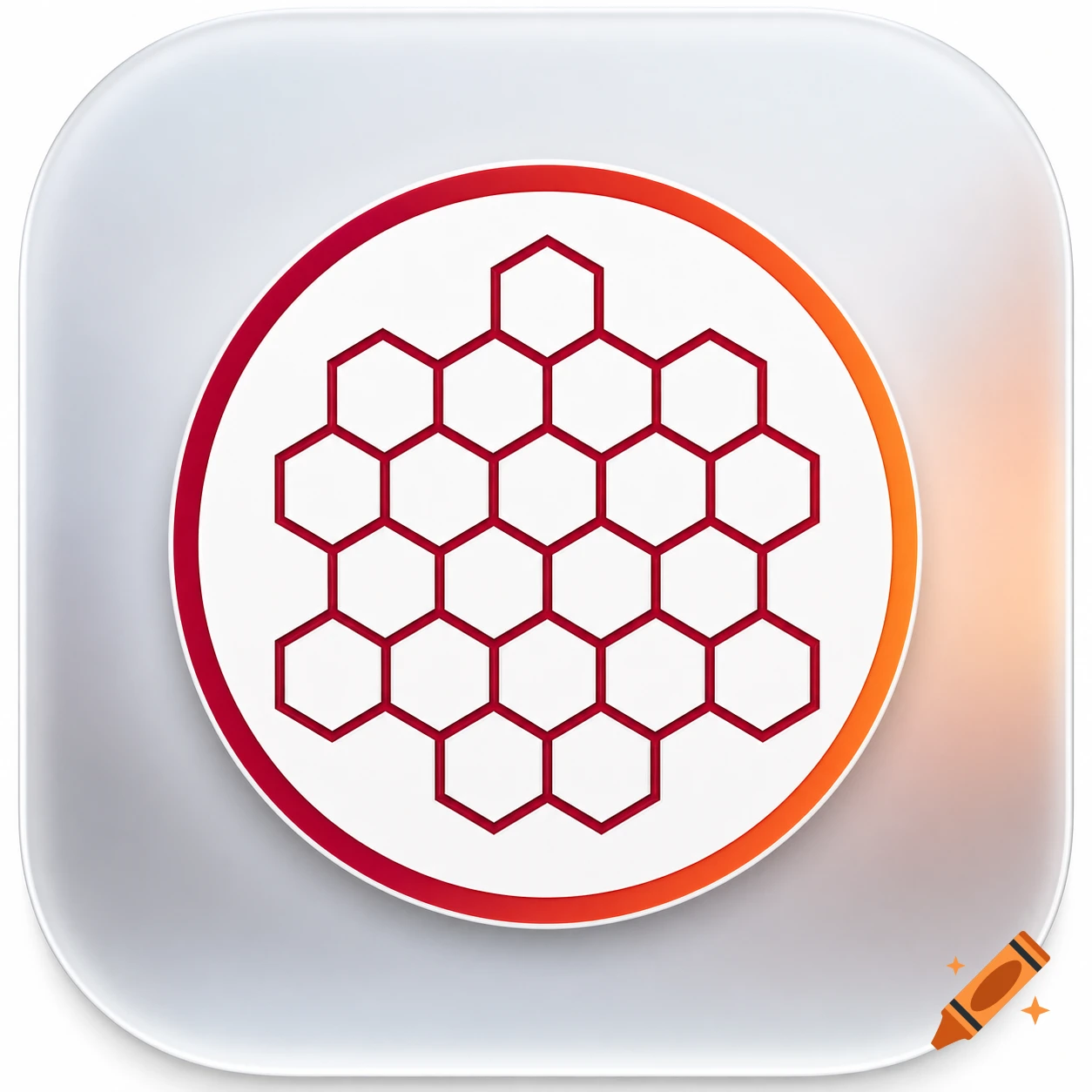 A premium macOS application icon featuring a squircle shape. The central white circle has a red to orange gradient border and a red hexagonal grid pattern inside, set against a frosted glass background.