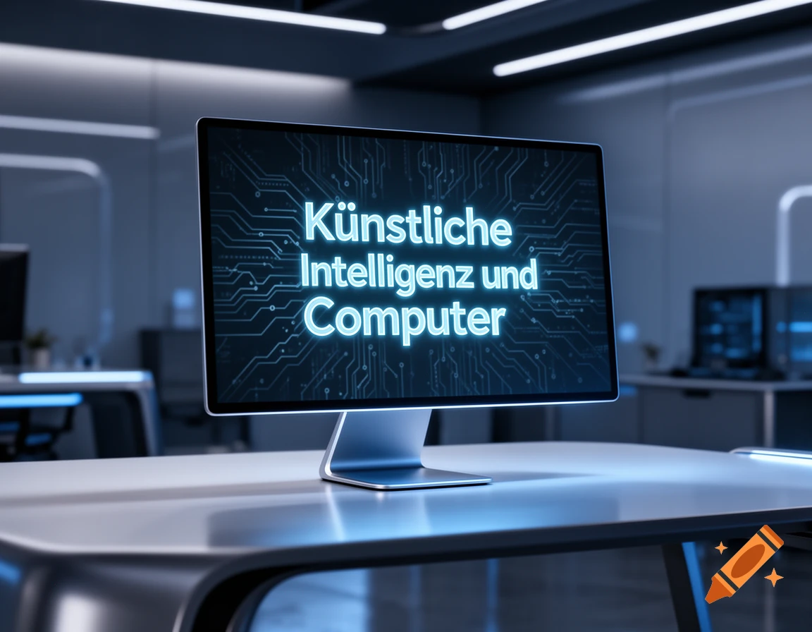 Modern computer monitor displaying 'Künstliche Intelligenz und Computer' on a circuit board background in a sleek office.