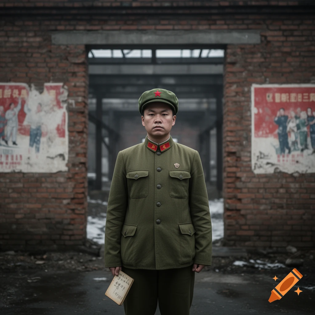 A stoic Asian man in a green Chinese military uniform and cap stands centered in a dilapidated brick archway, holding a folded paper. Faded posters with text adorn the brick walls.