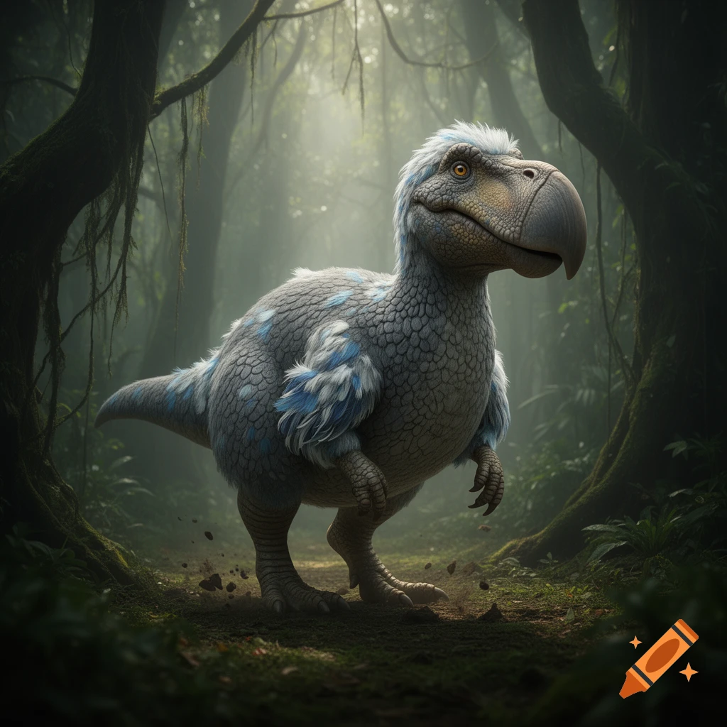 A photorealistic dodo-trex hybrid with grey scales and blue feathers stands in a misty, lush jungle.