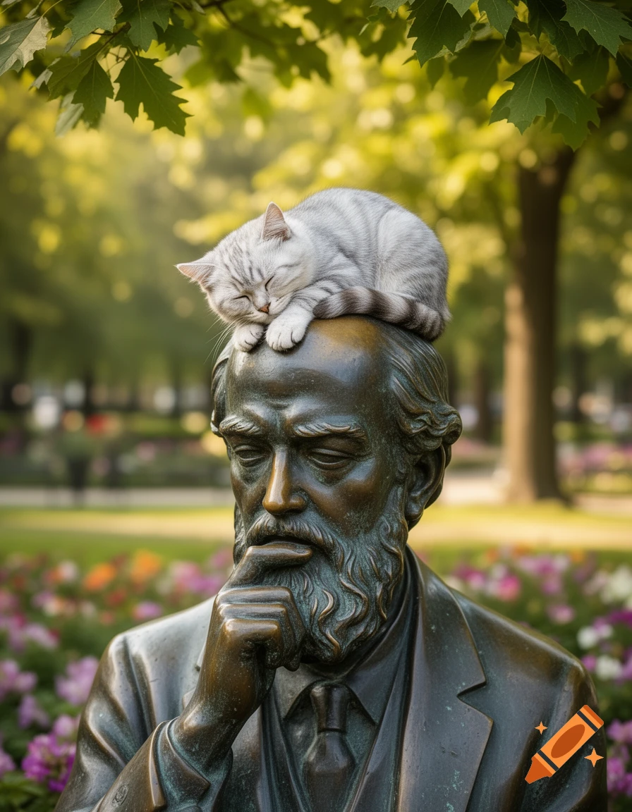 A photorealistic image of a silver tabby cat sleeping peacefully atop the head of a bronze statue of a bearded man in an outdoor park.