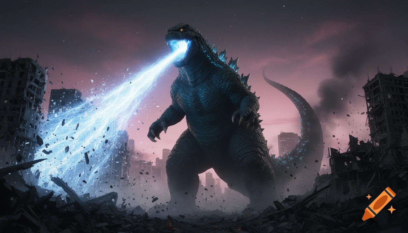 Godzilla, a massive dark monster with glowing blue spines, unleashes a powerful blue atomic breath, obliterating ruined buildings in a dystopian city under a reddish sky.