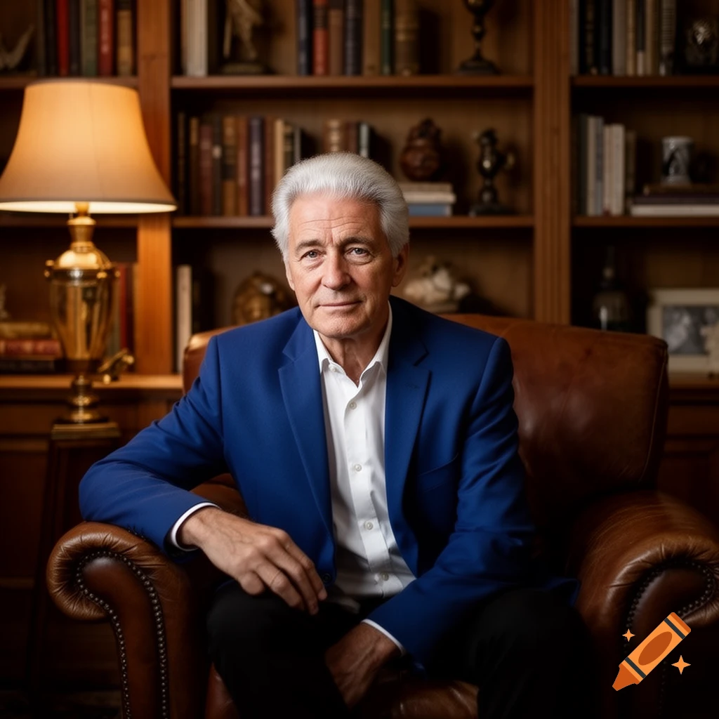 A photorealistic portrait of an older man with white hair, wearing a blue blazer, sitting in a leather armchair in a library.
