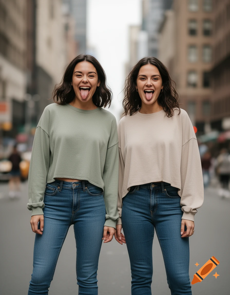 Two women in crop tops and jeans stand in an urban street, smiling and playfully sticking out their tongues. Photorealistic.