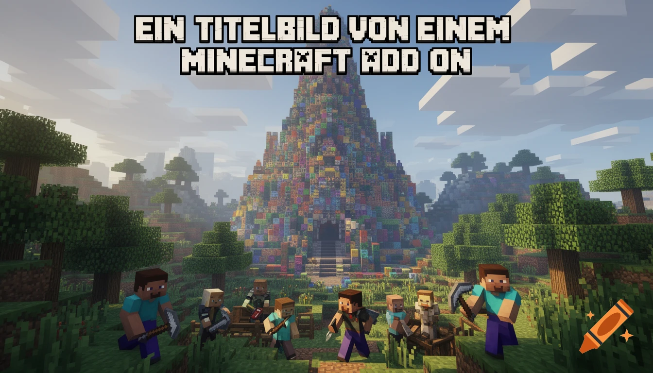 Minecraft characters in a blocky landscape with a colorful block pyramid and text 'Ein Titelbild von einem Minecraft Add On'.