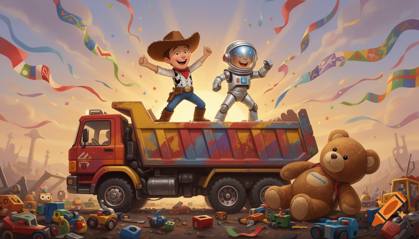 Cartoon cowboy and astronaut toys joyfully stand on a colorful dump truck, surrounded by other toys and confetti under a sunset sky.