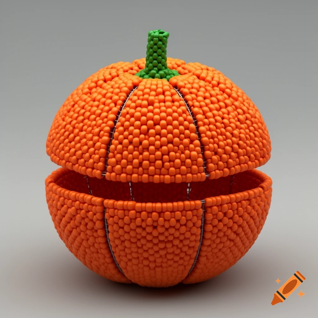 A realistic render of an orange beaded pumpkin, split into two halves revealing a hollow interior, with a green stem on a gray background.