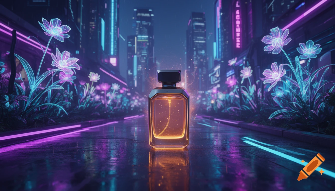 A glowing perfume bottle on a reflective wet street in a neon cyberpunk city with holographic flowers.